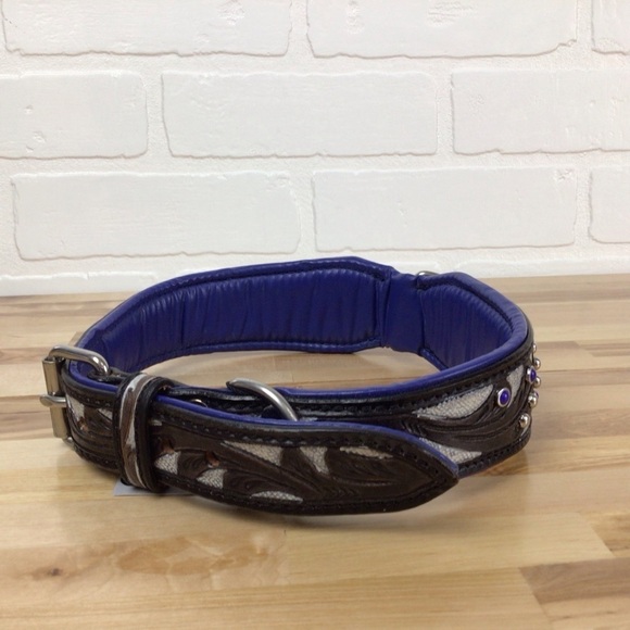 Madcow genuine leather contemporary dog collar handcraf black cerule blue silver - Picture 3 of 16